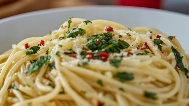 Appetizing spaghetti aglio e olio dish with vibrant green basil and spicy red chili flakes in a white bowl
