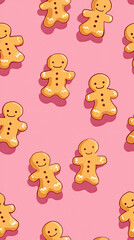 Obraz premium Seamless pattern of cute kawaii sweet gingerbread cookie with smiling face and icing decoration on pink background, creating cheerful and festive atmosphere