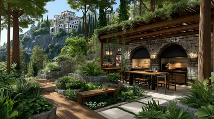 Obraz premium Mediterranean Garden Retreat: A serene Italian-inspired garden scene with a rustic stone structure, wooden accents, lush greenery, and a charming villa nestled on a distant hillside.