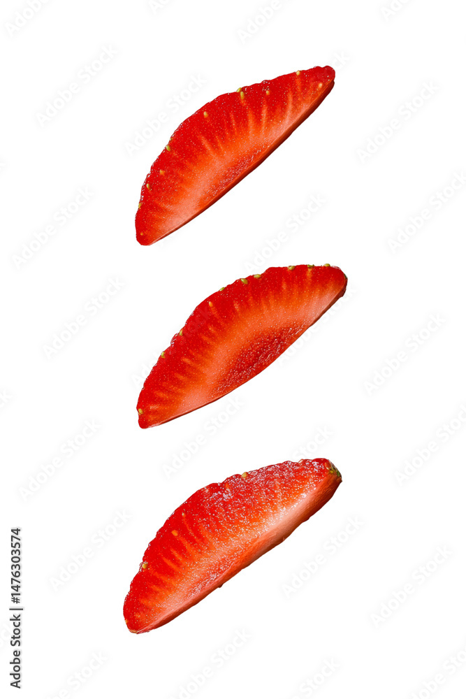 Poster floating strawberry segments against a void, red fruit slices in zero gravity presentation