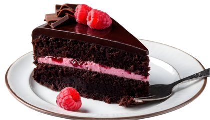 Rich Chocolate Raspberry Cake Slice: Decadent Layers with Sweet Raspberry Filling and Chocolate Ganache, Garnished with Fresh Berries and Chocolate Shavings.