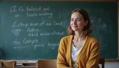 A teacher sits in a classroom, smiling and ready to explain material written on the chalkboard, creating an inviting learning atmosphere