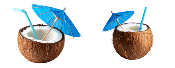  A realistic photo of a coconut with a straw and blue umbrella, isolated on a transparent background