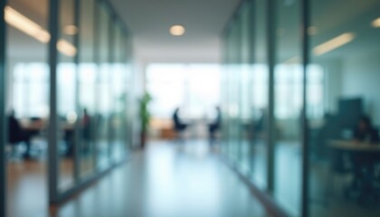 Modern office space features glass walls with blurred colleagues engaged in a discussion at a meeting table, sunlight filtering through