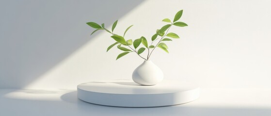 Minimalist Still Life of Green Leaves in White Vase on White Podium with Light and Shadow Play Studio Shot