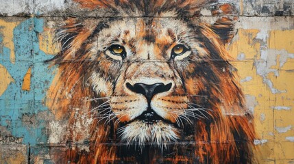 Vibrant lion mural on urban wall showcasing detailed art and bold colors in a lively city environment