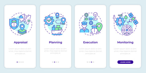 Stages of passage planning onboarding mobile app screen. Shipping. Walkthrough 4 steps editable graphic instructions with linear concepts. UI, UX, GUI. Montserrat SemiBold, Regular fonts used