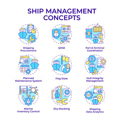 Ship management multi color concept icons. Maritime cargo transportation system. Delivering goods by sea. Icon pack. Vector images. Round shape illustrations for presentation. Abstract idea