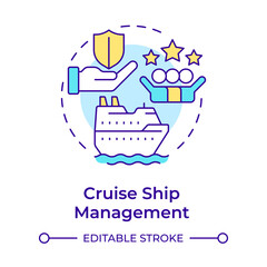 Cruise ship management multi color concept icon. Passengers riding along sea. Vessel type regulation solution. Round shape line illustration. Abstract idea. Graphic design. Easy to use in booklet