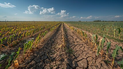 dry withered crop field with irrigation channels running A