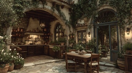 Naklejka premium Tuscan Courtyard Kitchen Rustic Charm with Italian Garden.