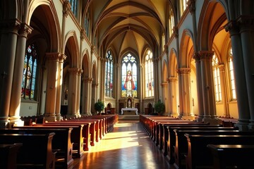 Fototapeta premium Ornate Easter church interior, sunlight streaming through stained glass windows , belief, ornate, vibrant
