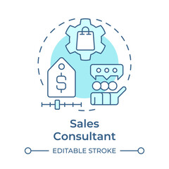 Sales consultant soft blue concept icon. CRM system. Revenue, income. Assistance, advice. Round shape line illustration. Abstract idea. Graphic design. Easy to use in infographic, presentation