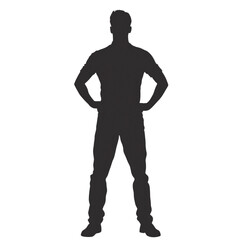 Fototapeta premium Silhouette of a man standing in a confident pose with arms on hips, isolated on transparent background