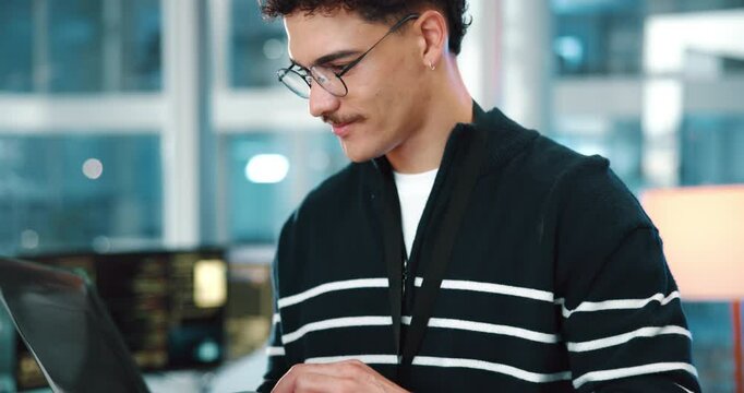 Laptop, business man and coding for software development, network or database update. Online, programming and backend developer with computer for design, creative website and test project in office