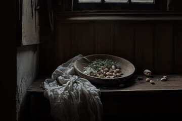 Rustic still life of nuts and herbs