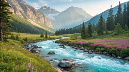 Stunning mountain river landscape with vibrant turquoise water flowing through a lush green valley, surrounded by majestic peaks and evergreen trees under a clear sky