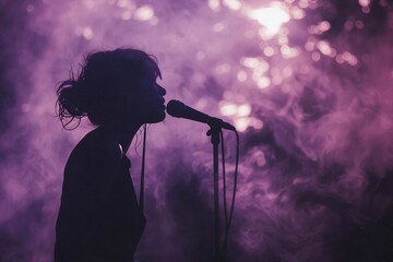 A person sings into a microphone, their dark top and bun-styled hair visible against a purple haze backdrop.