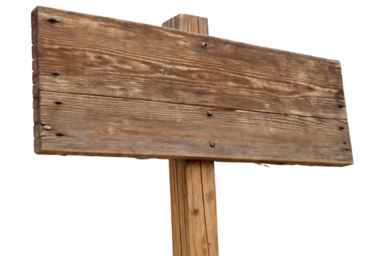 empty brown weathered wood sign board on white background, PNG