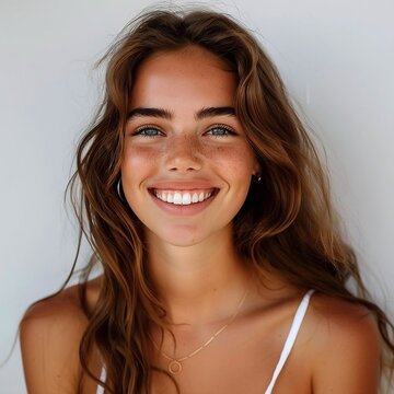 A young woman with brown hair, blue eyes, and freckles smiles at the camera, adorned with jewelry against a white background.