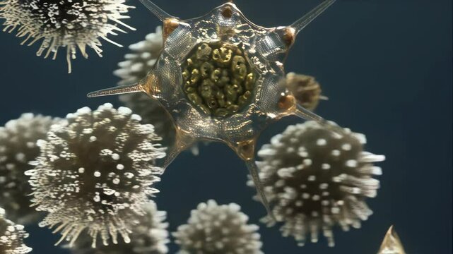 Microscopic radiolarians, single-celled planktonic protozoa, showing intricate geometric skeletons with spiny projections and central capsules.