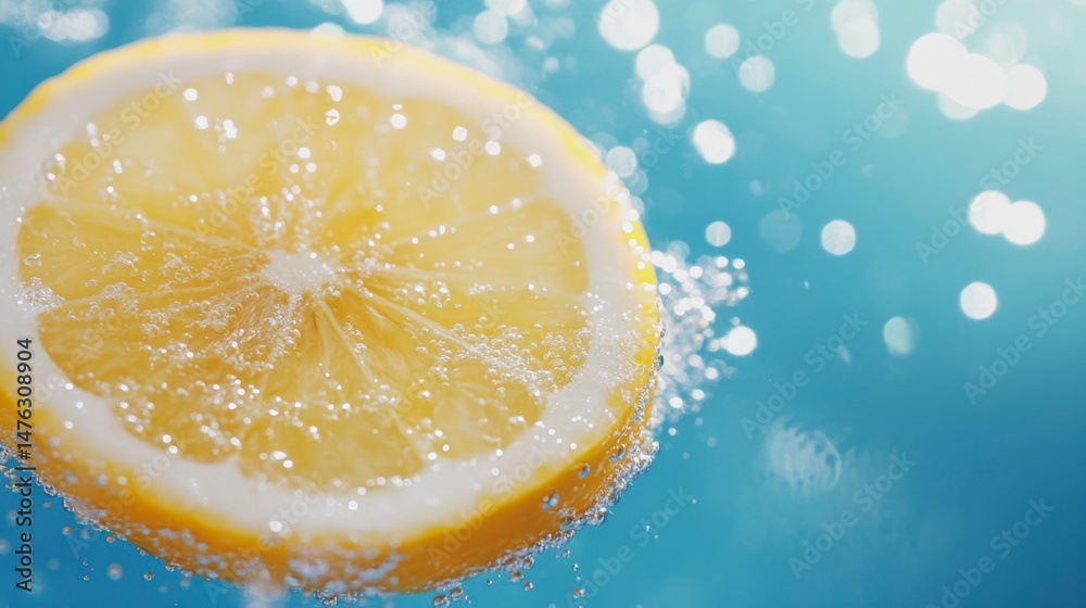 Poster Close-up of a lemon slice submerged in sparkling water, bubbles clinging to the fruit's surface.