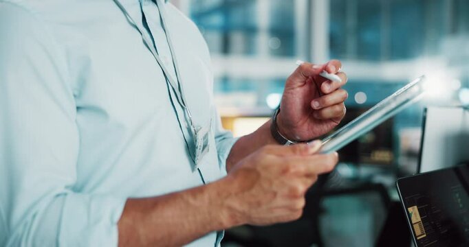 Hands, man and tablet with pen in call center for software solution, scroll or contact us. IT, digital technology or consultant with stylus for virtual assistance, troubleshooting or customer service