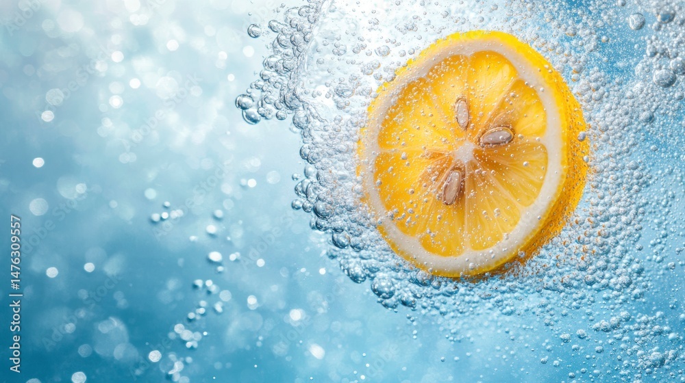 Poster lemon slice submerged in sparkling water, bubbles rising.