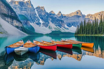 Colorful canoes on a serene alpine lake, surrounded by majestic mountains.  Reflecting in the tranquil water, vibrant hues of the craft contrast the snow-capped peaks