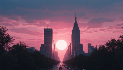 Obraz premium Stunning Pink Sunset Cityscape Highway Skyline Buildings Urban Scene