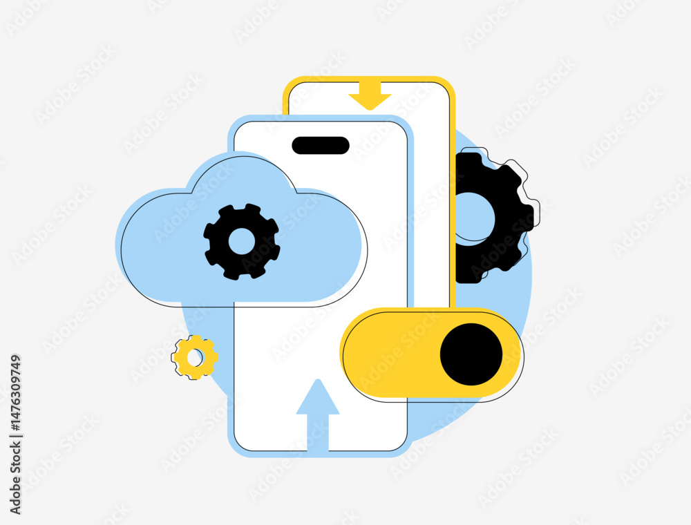 Poster automated app sync across devices - vector illustration of smartphones seamlessly synchronizing data