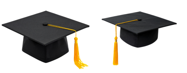 Black graduation cap with yellow tassel on a transparent background