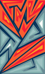 Abstract geometric design with red orange blue and gray colors.