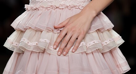 Closeup of hand on layered pink ruffled dress with lace trim