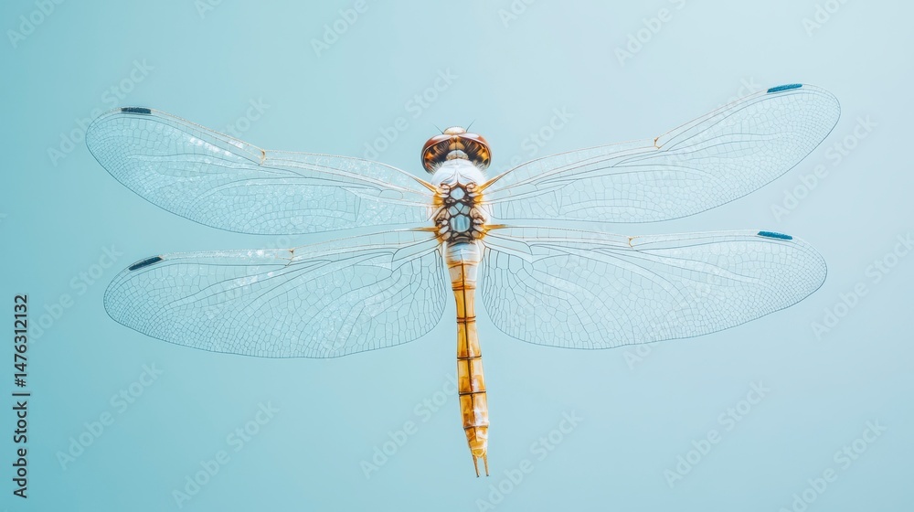 Poster Close-up of a dragonfly with translucent wings against a light blue background.
