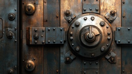 Fototapeta premium Close-up view of a heavy, ornate metal vault door.