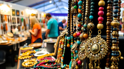 Close-up of a handcrafted jewelry stall, detailed view of colorful beads and intricate designs, fairgoers browsing the items, background of other artisan stalls, bright and inviting atmosphere,