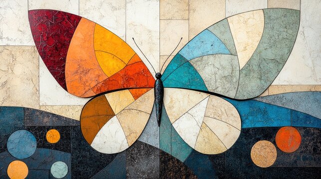 A butterfly's wings, patterned like stained glass with abstract designs, situated above geometric floral forms.