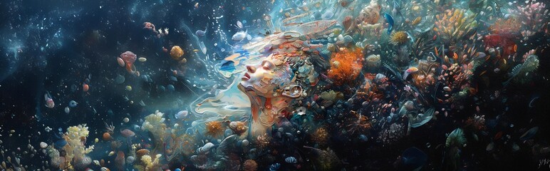 A human-like figure floats amidst vibrant marine life, obscured by a growing coral formation, in a deep blue ocean teeming with colorful coral, fish, and sea creatures.