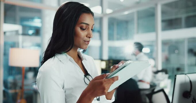 Tablet, ideas and businesswoman in office with planning, research or brainstorming for UX interface. Thinking, digital technology and female frontend developer with creative design at IT startup.