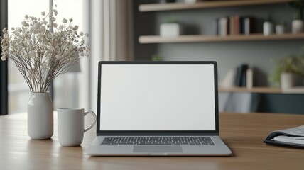 Fototapeta premium Clean Workspace Mockup with Laptop, Flowers, and Coffee Mug workspace clean laptop mockup study cup