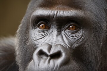 Fototapeta premium Close-up of a male gorilla's expressive face, showcasing deep-set brown eyes and intricate facial details.