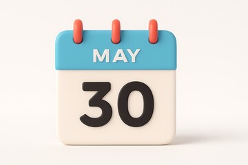 3d rendered illustration of a cute calendar showing may 30th on a soft white background
