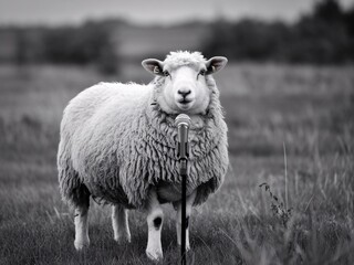 Obraz premium A fluffy sheep stands confidently in front of a microphone, showcasing its unique personality in a rural setting.