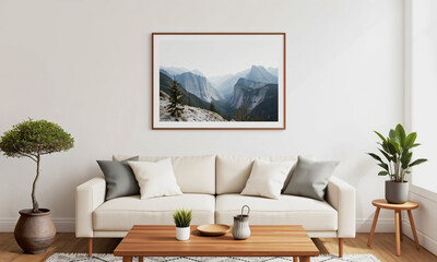 Digital wall art print framed above a neutral beige sofa in a modern minimalist living room Generative AI