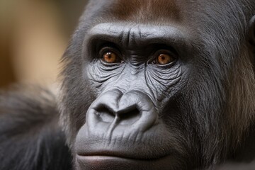Obraz premium Close-up of a male gorilla gazing thoughtfully, showcasing its strong features and deep brown eyes.
