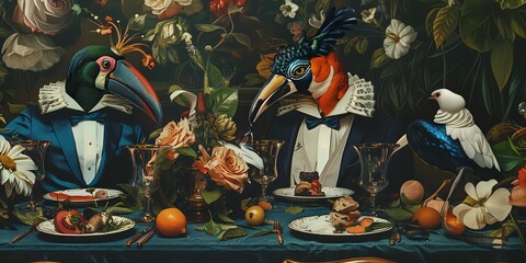 Two formally dressed birds, one in blue and one in red, sit at a dinner table adorned with fruits and flowers, surrounded by lush greenery.