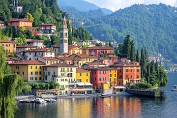 Vibrant hillside town by a lake, colorful buildings reflecting on water
