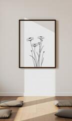Minimalist black line drawing of flowers in a frame on the wall of a yoga and wellness room Generative AI