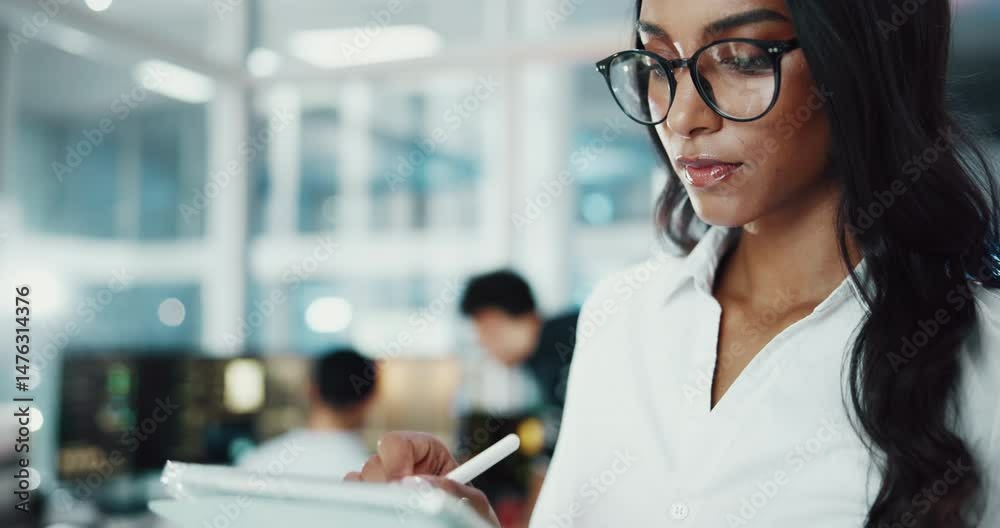 Poster Woman, tablet and developer with pen in office for software development, thinking or business. Online, coding and app programmer problem solving for test, idea or writing report for quality assurance